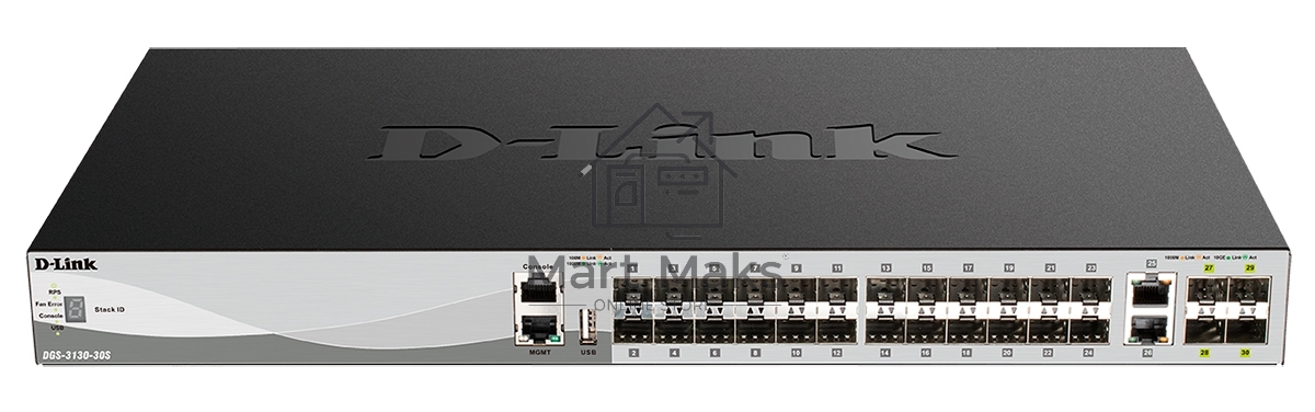 Коммутатор D-Link DGS-3130-30S/B1A, 24×1 Гбит/с SFP + 4×10 Гбит/с SFP+ + 2×10 Гбит/с Combo, управляемый