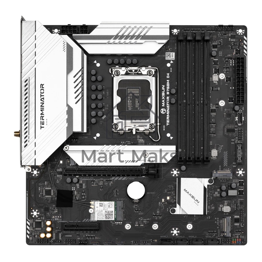 Материнская плата Maxsun Terminator B760M D4 WIFI6E, LGA 1700, Intel B760, 4xDDR4, 4xSATA, 3xM.2, 1xPCIe 5.0 x16, 1xPCIe 3.0 x4, 2xUSB-A 3.2 Gen 1, 2xUSB-A 3.2 Gen 2, 1xUSB-C 3.2 Gen 2x2, 1xHDMI, 1xDP, 1x 2.5Gb LAN, 3x3.5 мм, 5.1, M-ATX