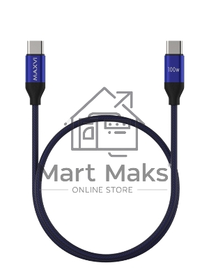 Кабель Maxvi MCw-100TT blue USB-C - USB-C, 5A разъемы USB-C - USB - C, Максимальная мощность 100W, ток макс. нагрузки 5А, макс. напряжение 20V;стандарт USB 3.1, длина 1.2м, нейлоновая оплетка, металлические корпуса разъемов, цвет синий.