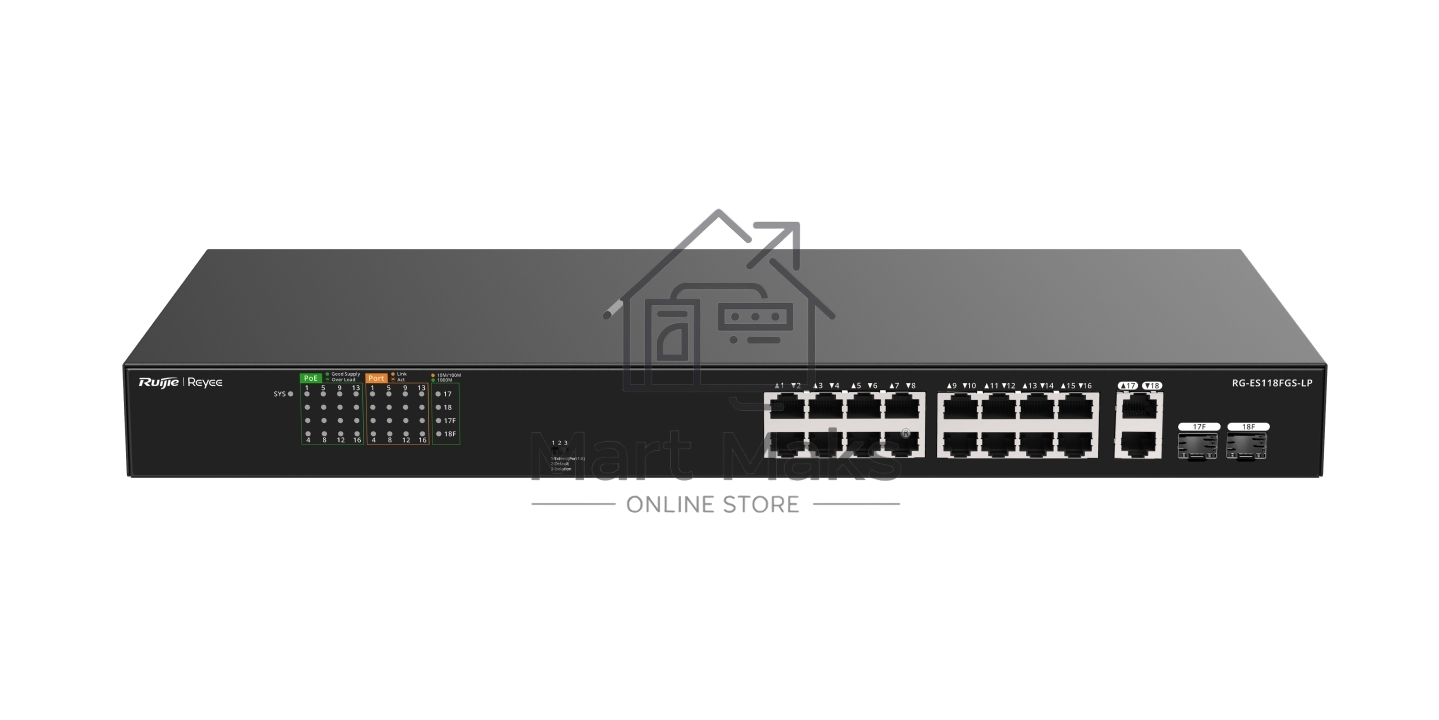 Коммутатор Ruijie Reyee RG-ES118FGS-LP, 16×100 Мбит/с PoE + 2×1 Гбит/с Комбо (RJ45/SFP), неуправляемый