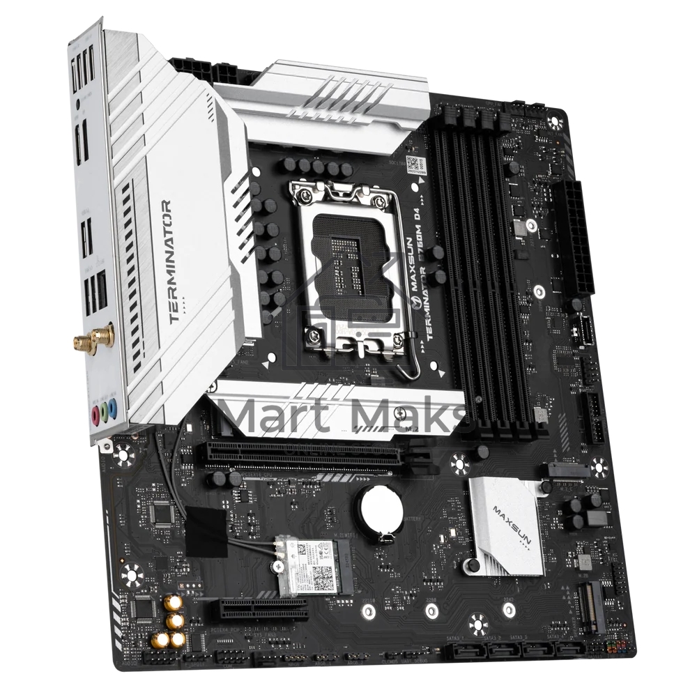 Материнская плата Maxsun Terminator B760M D4 WIFI6E, LGA 1700, Intel B760, 4xDDR4, 4xSATA, 3xM.2, 1xPCIe 5.0 x16, 1xPCIe 3.0 x4, 2xUSB-A 3.2 Gen 1, 2xUSB-A 3.2 Gen 2, 1xUSB-C 3.2 Gen 2x2, 1xHDMI, 1xDP, 1x 2.5Gb LAN, 3x3.5 мм, 5.1, M-ATX