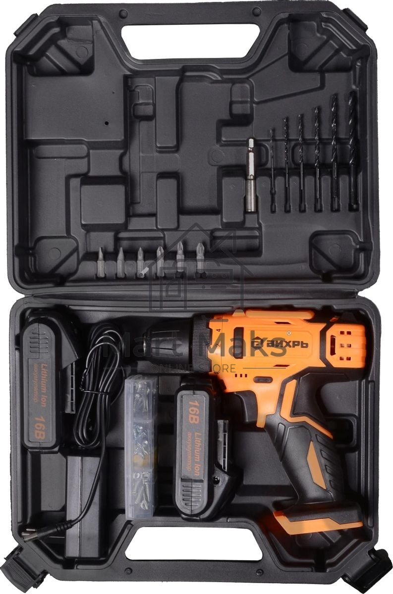 Дрель-шуруповерт аккумуляторная Вихрь ДА-16Л-2КА 72/14/49, Аккумуляторная, 16В, 2 АКБ, Кейс