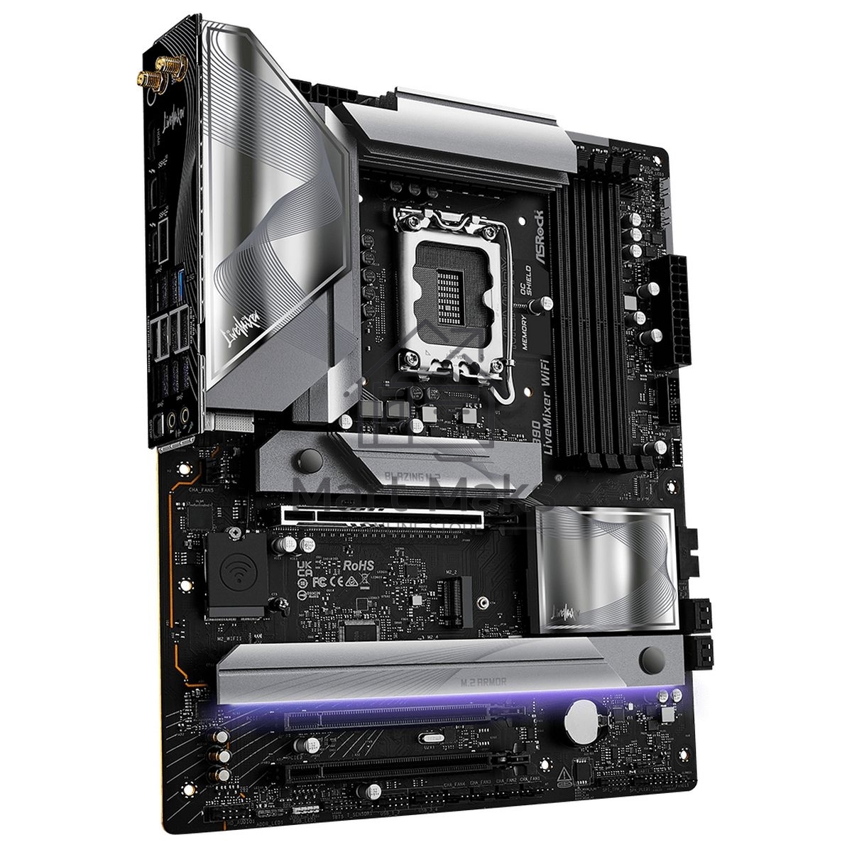 Материнская плата ASRock Z890 LiveMixer WiFi, LGA 1851, Intel Z890, 4xDDR5, 4xSATA, 4xM.2, 1xPCIe 5.0 x16, 2xPCIe 4.0 x16, 2xUSB-C Thunderbolt 4, 10xUSB-A 3.2 Gen 1, 2xUSB-A 3.2 Gen 2, 1xHDMI, 1x2.5Gb LAN, 5x3.5 мм, 7.1, ATX