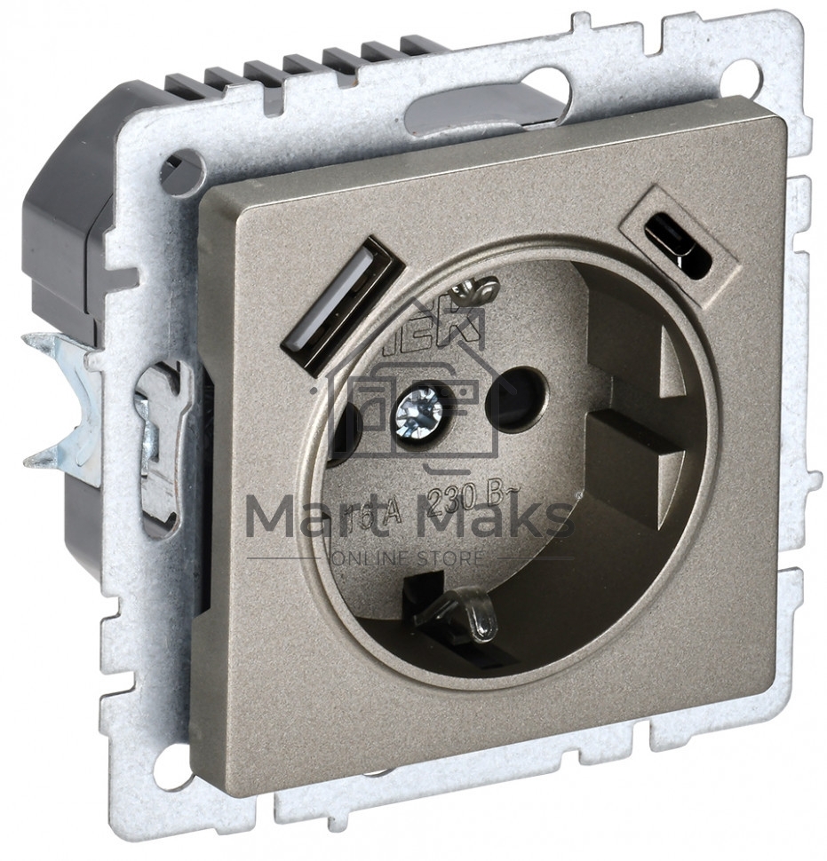 Розетка 1-местная IEK BRITE РЮш11-1-БрШ (BR-R14-16-U22-018-K37) с заземлением, с защитными шторками, 16А, с USB A+C 18 Вт, шампань