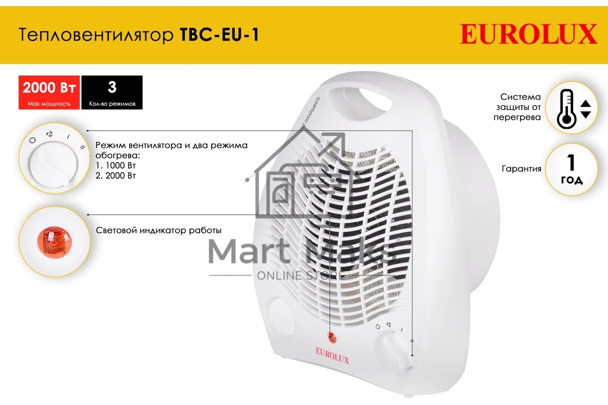 Тепловентилятор EUROLUX ТВС-EU-1, белый, 1800 Вт, 22 м2, термостат, 3 режима 67/2/8