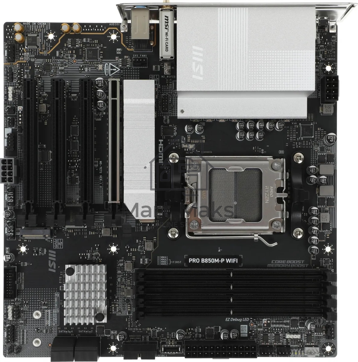Материнская плата MSI PRO B850M-P WIFI, AM5, AMD B850, 4xDDR5, 4xSATA, 3xM.2, 1xPCIe 5.0 x16, 1xPCIe 4.0 x4, 2xPCIe 3.0 x1, 1xHDMI, 2xUSB-C 10Gbps, 1xUSB-A 5Gbps, 1xUSB-A 10Gbps, 4xUSB-A 2.0, 2x3.5 мм, S/PDIF, 1x5Gb LAN, Wi-Fi 7, Bluetooth 5.4, 7.1, mATX