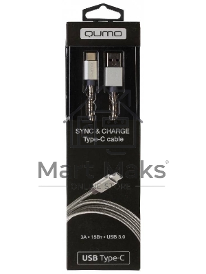 КабельQumo Type-С кабель, 1м, USB 3.0, 5В, 3А, 15Вт, металлическая оплетка, металлический коннектор, серебряный