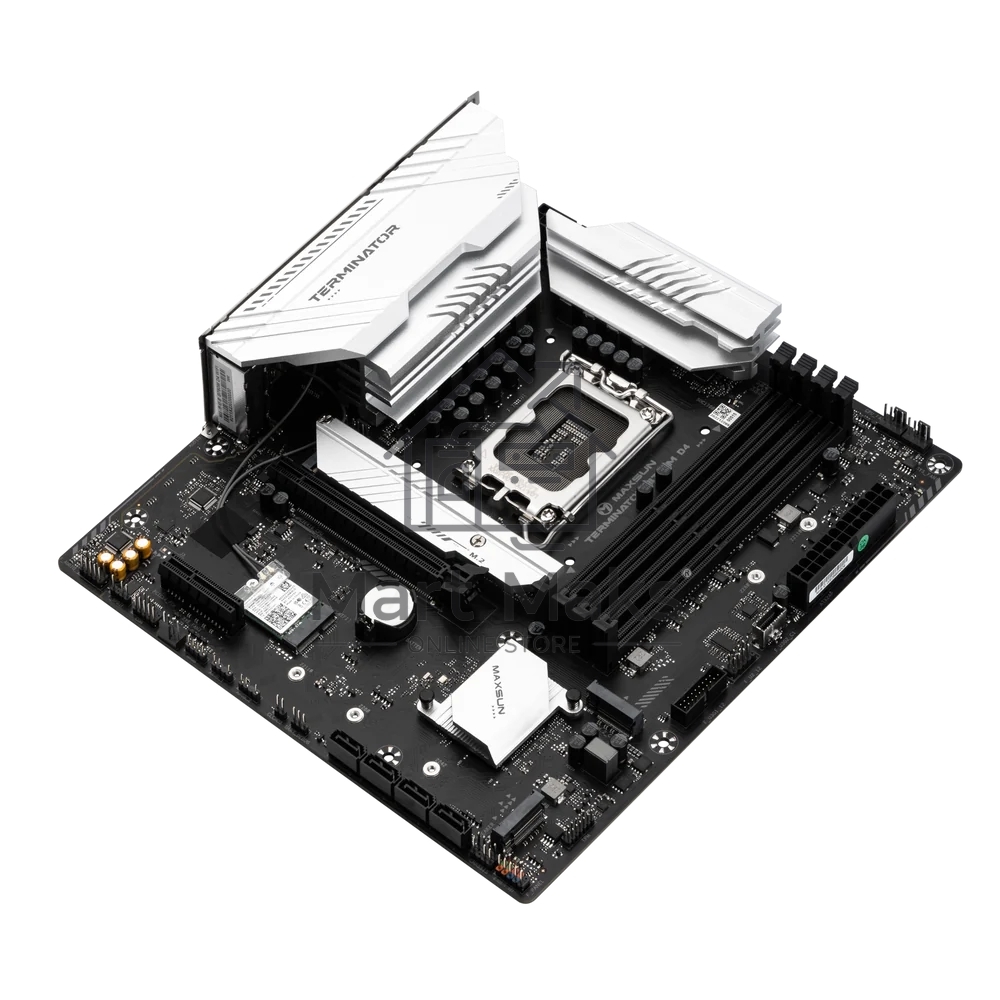 Материнская плата Maxsun Terminator B760M D4 WIFI6E, LGA 1700, Intel B760, 4xDDR4, 4xSATA, 3xM.2, 1xPCIe 5.0 x16, 1xPCIe 3.0 x4, 2xUSB-A 3.2 Gen 1, 2xUSB-A 3.2 Gen 2, 1xUSB-C 3.2 Gen 2x2, 1xHDMI, 1xDP, 1x 2.5Gb LAN, 3x3.5 мм, 5.1, M-ATX