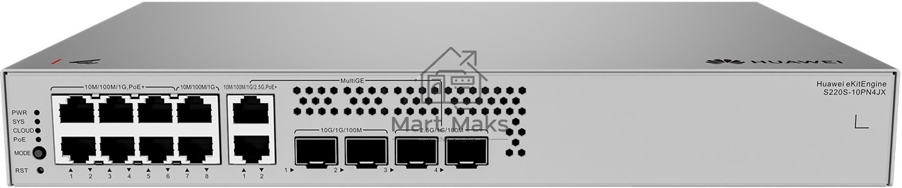 Коммутатор Huawei S220S-10PN4JX, 8×1 Гбит/с (6×PoE+) + 2×2,5 Гбит/с PoE+ + 2×10 Гбит/с SFP+ + 2×2,5 Гбит/с SFP, управляемый