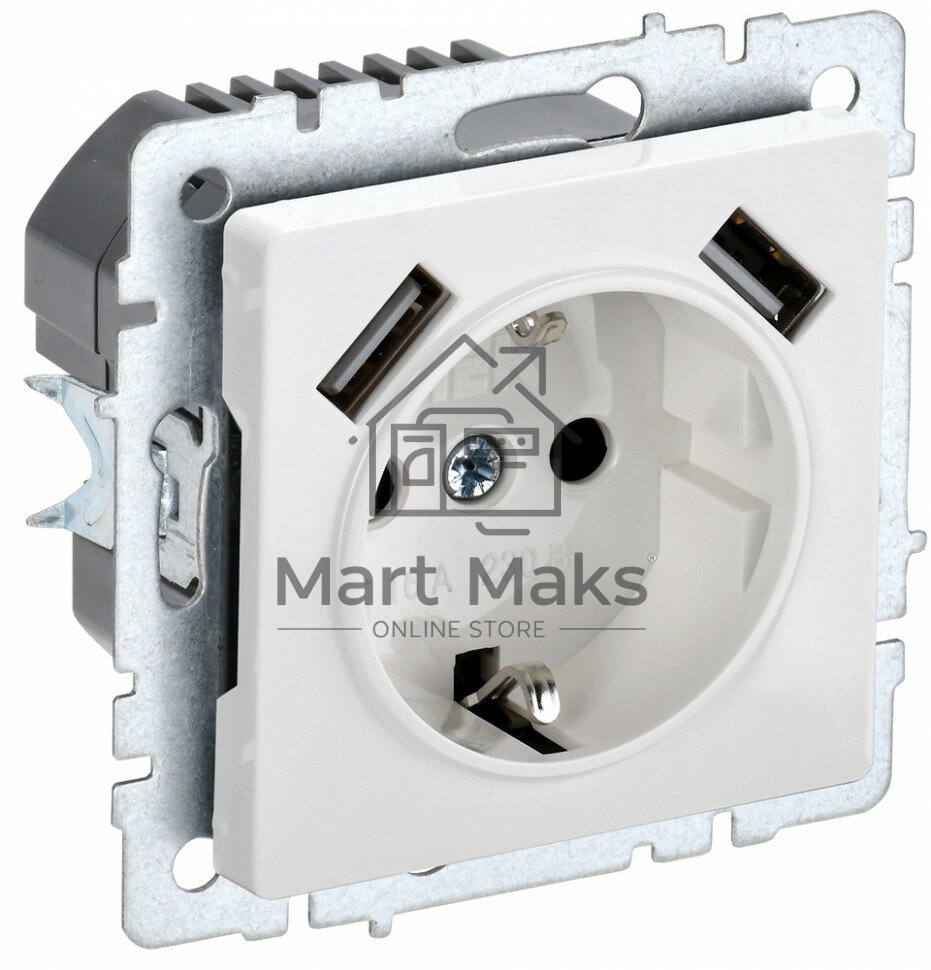 Розетка 1-местная IEK BRITE РЮш10-1-БрБ (BR-R14-16-U21-D21-K01) 16А, с USB A+A 2.1А, с заземлением с защитными шторками, белый