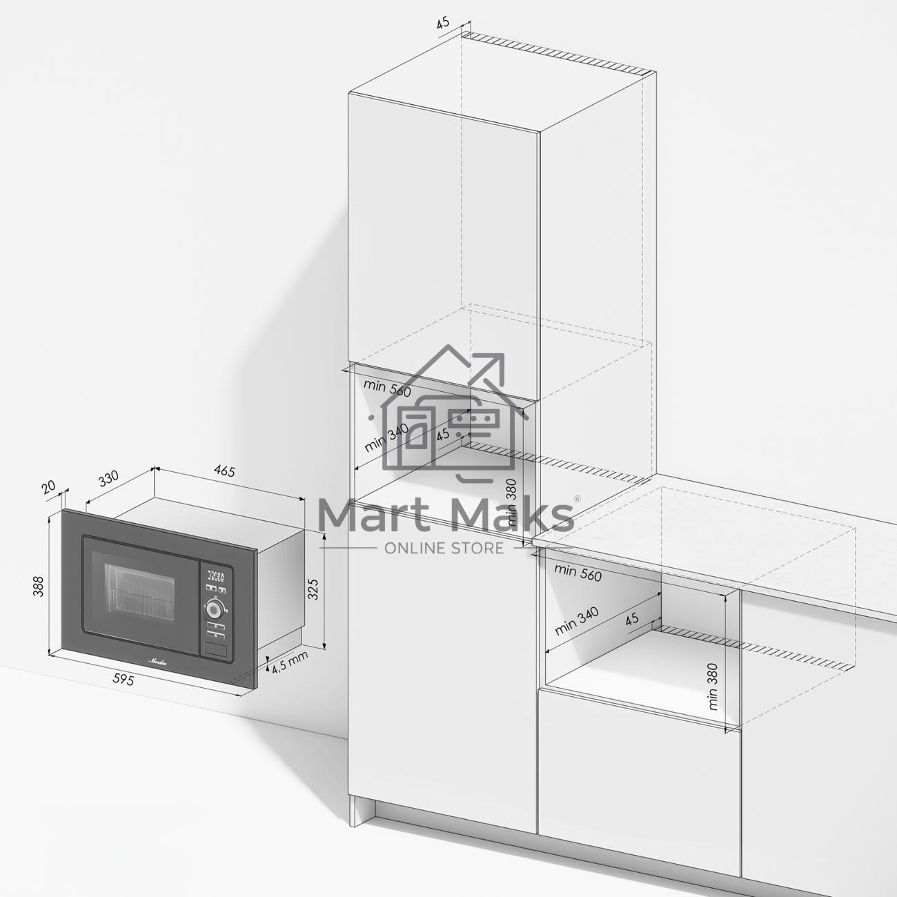 Встраиваемая микроволновая печь Monsher MMH 201 B, 59.3х38.5х31.3 см, мощность микроволновой печи 800-1250 Вт, мощность гриля 1000 Вт, 5 уровней мощности, электронное управление, многофункциональный дисплей, режим Микроволны/Гриль/Комби, автоменю8 програм