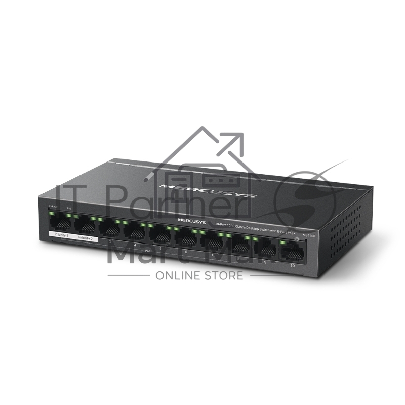 Коммутатор Mercusys MS110P, 8×100 Мбит/с PoE + 2×100 Мбит/с Uplink, неуправляемый