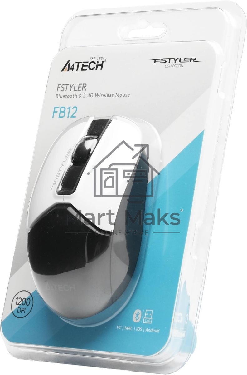 Мышь беспроводная A4Tech Fstyler FB12 белый/черный, 1200 dpi, радиоканал, Bluetooth, USB, кнопки - 3