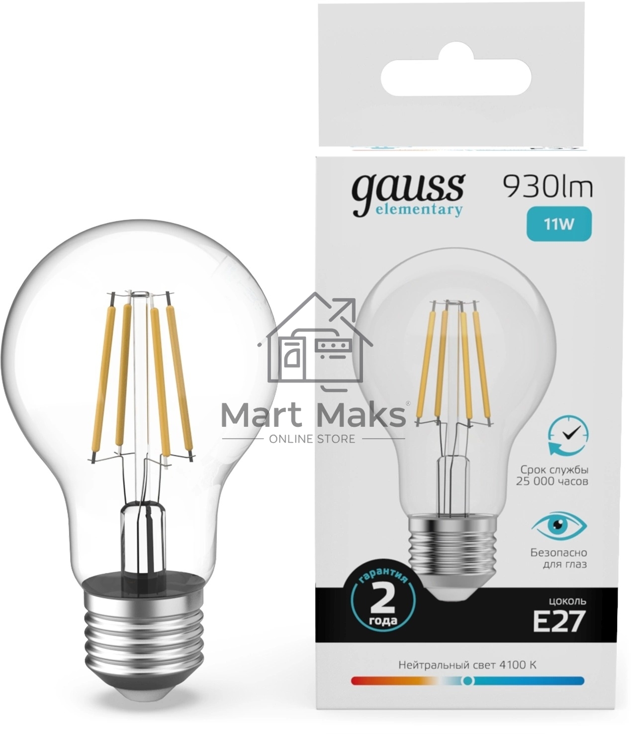 Лампа филам. Gauss Filament 11Вт цок.:E27 груша св.свеч.бел.нейт. (упак.:10шт) (22221)