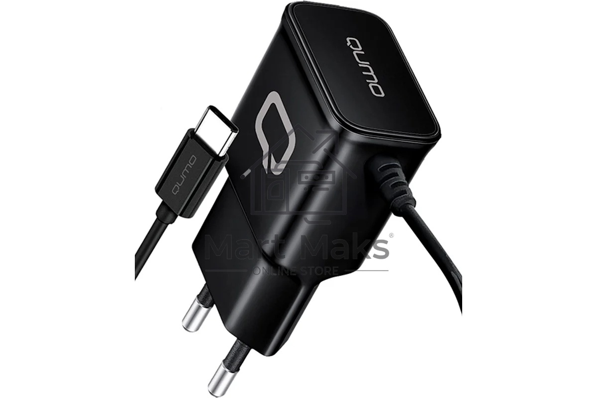 Сетевое зарядное устройство Qumo Energy (Charger 0025) 2.1A, встроенный кабель TYPE-C, черный