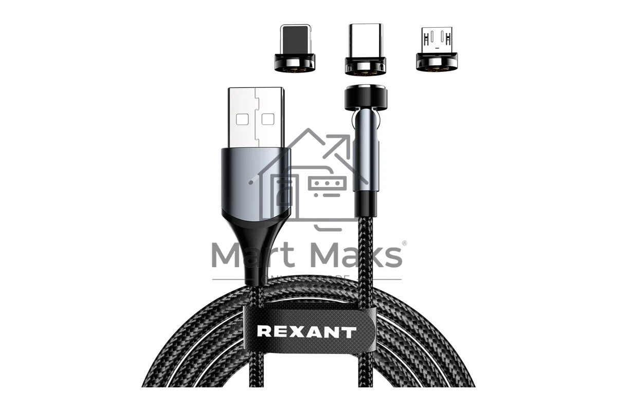 Кабель USB Rexant 3в1 со съемными магнитными портами, Type-С (2A), Lightning (2,4A), Micro USB (2A), 1,2м, в черной оплетке, с LED подсветкой