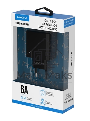 Сетевое зарядное устройство Maxvi CHL-602PD 30W, 6A, QC 3.0, 1xUSB-A, 1xUSB-C, черный
