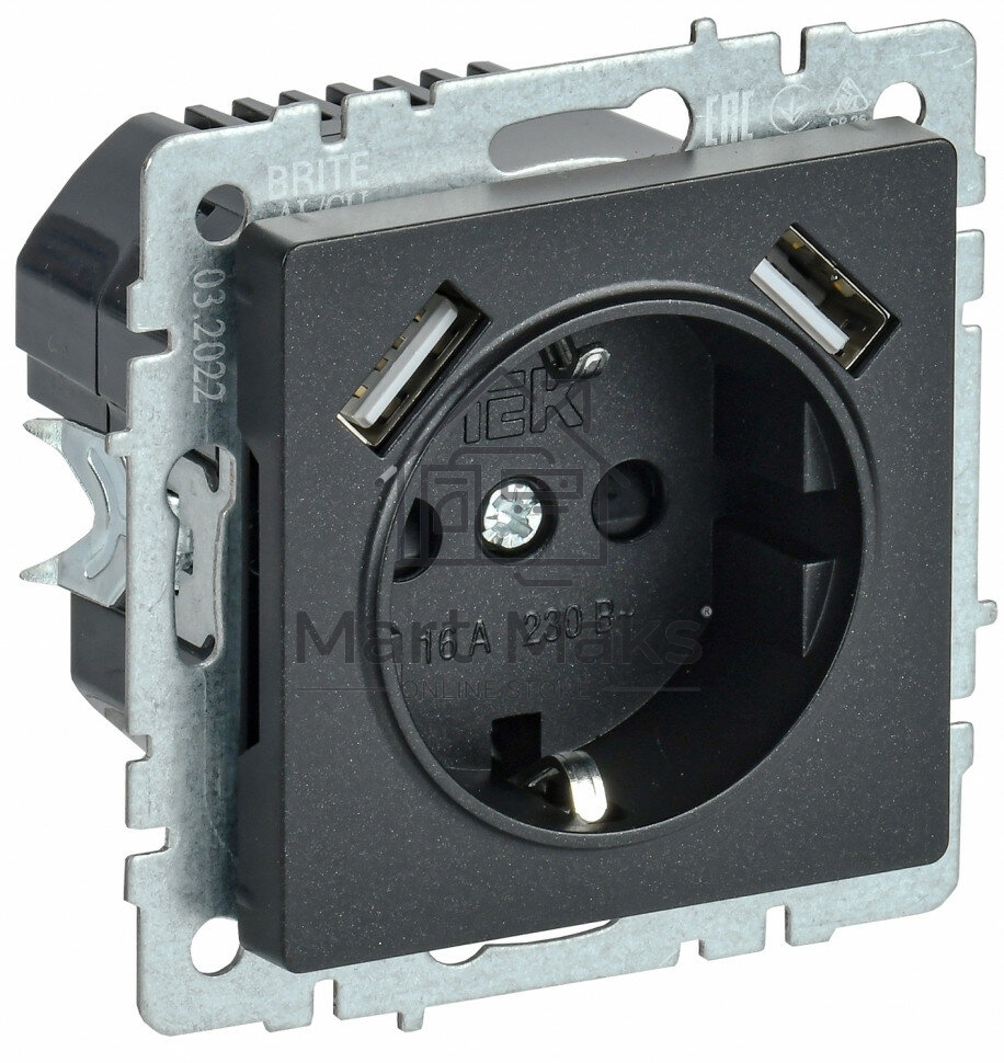 Розетка 1-местная IEK BRITE РЮш10-1-БрЧ (BR-R14-16-U21-D21-K02) 16А, с USB A+A 2.1А, с заземлением с защитными шторками, черный