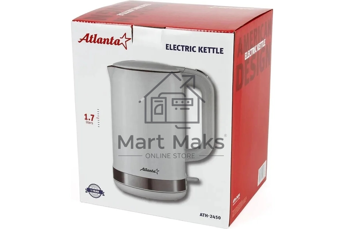 Чайник электрический Atlanta ATH-2450 (белый) 1,7л, нержавейка, двухстенный
