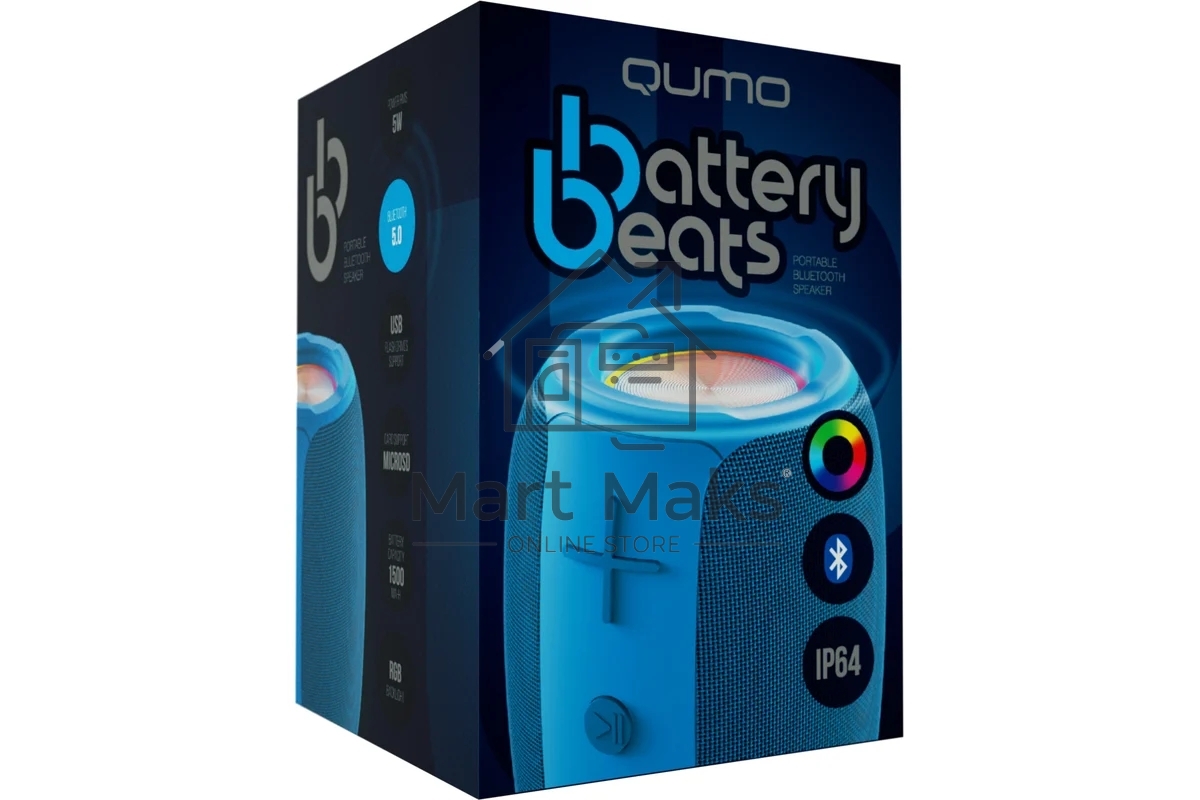 Колонка беспроводная QUMO BatteryBeats BT5.0 5Вт IP64 FM SD USB AUX подсветка 1500мА·ч синий