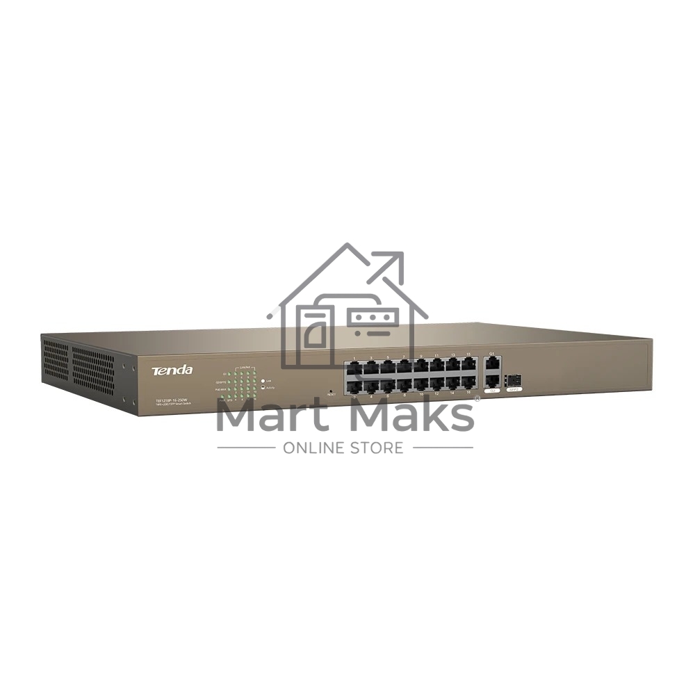 Коммутатор управляемый PoE Tenda F1218P-16-250W, 18 портов, 16х100 Мбит/с, 2x1 Гбит/с, SFP 1x1 Гбит/с