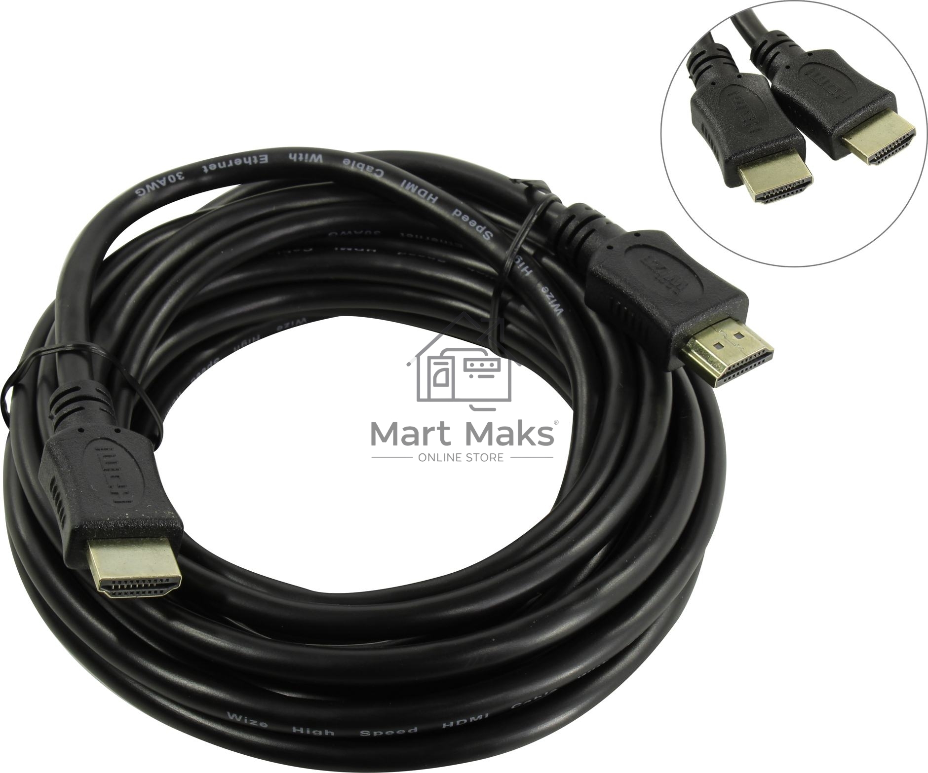 Кабель HDMI C-HM-HM-5M Wize, 5 м, v.2.0, 19M/19M, позол.разъемы, экран, черный, пакет