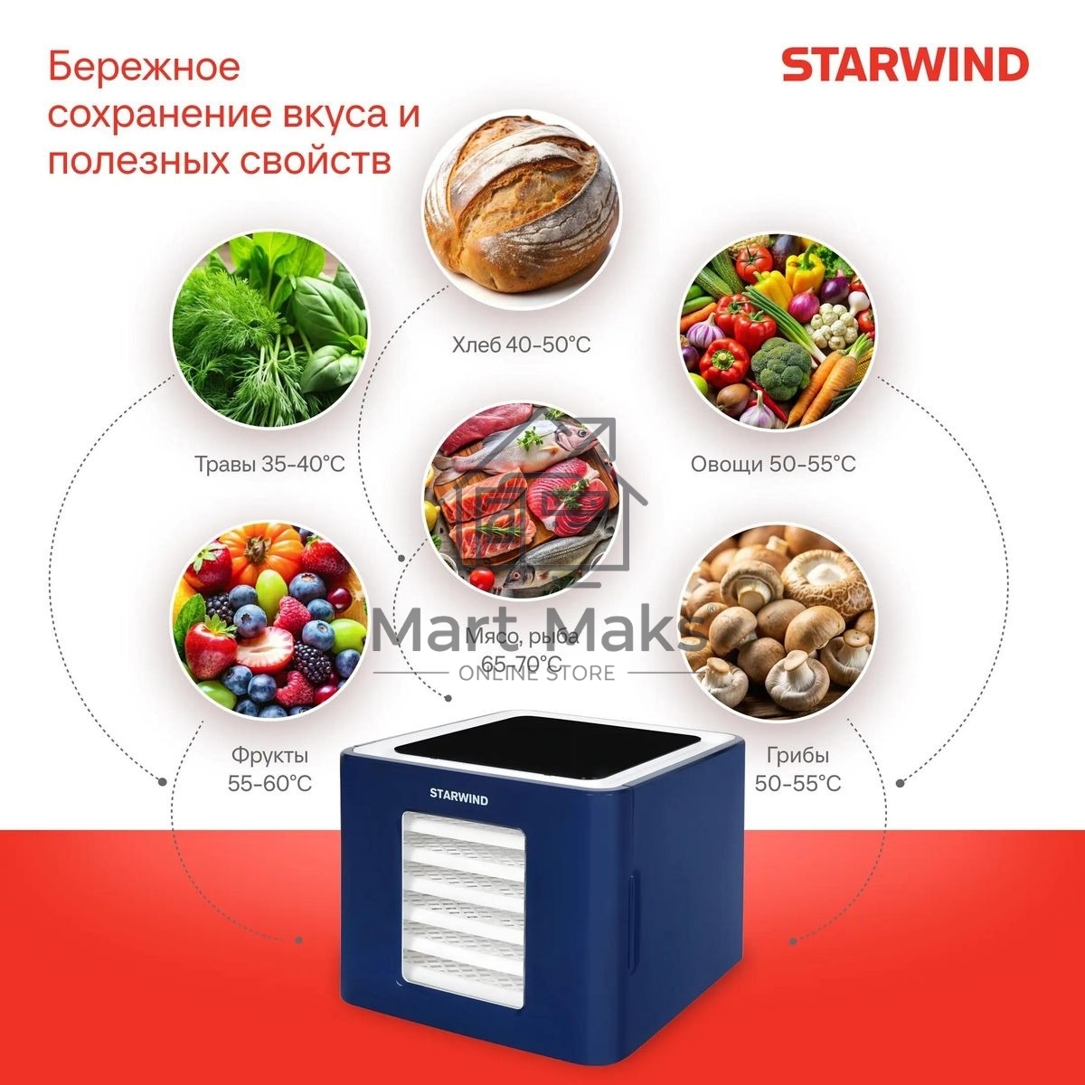 Сушилка для овощей и фруктов StarWind SFD6430, синий, 6 поддонов