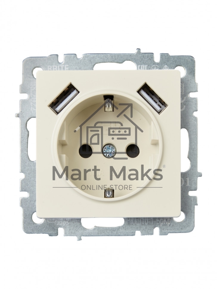 Розетка 1-местная IEK BRITE РЮш10-1-БрКр 16А, с USB A+A 2.1А, с заземлением с защитными шторками, бежевый