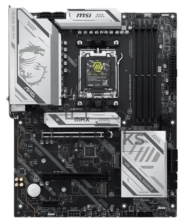 Материнская плата MSI MAG X870E GAMING MAX WIFI, AM5, AMD X870E, 4xDDR5, 4xSATA, 3xM.2, 2xPCIe 5.0 x16, 1xPCIe 4.0 x4, 1xPCIe 3.0 x1, 1xHDMI, 1x 5Gb LAN, 4xUSB 2.0, 4xUSB 3.2 Gen1, 2xUSB 3.2 Gen2, 2xUSB Type-C, 6x3.5 мм, 7.1, ATX