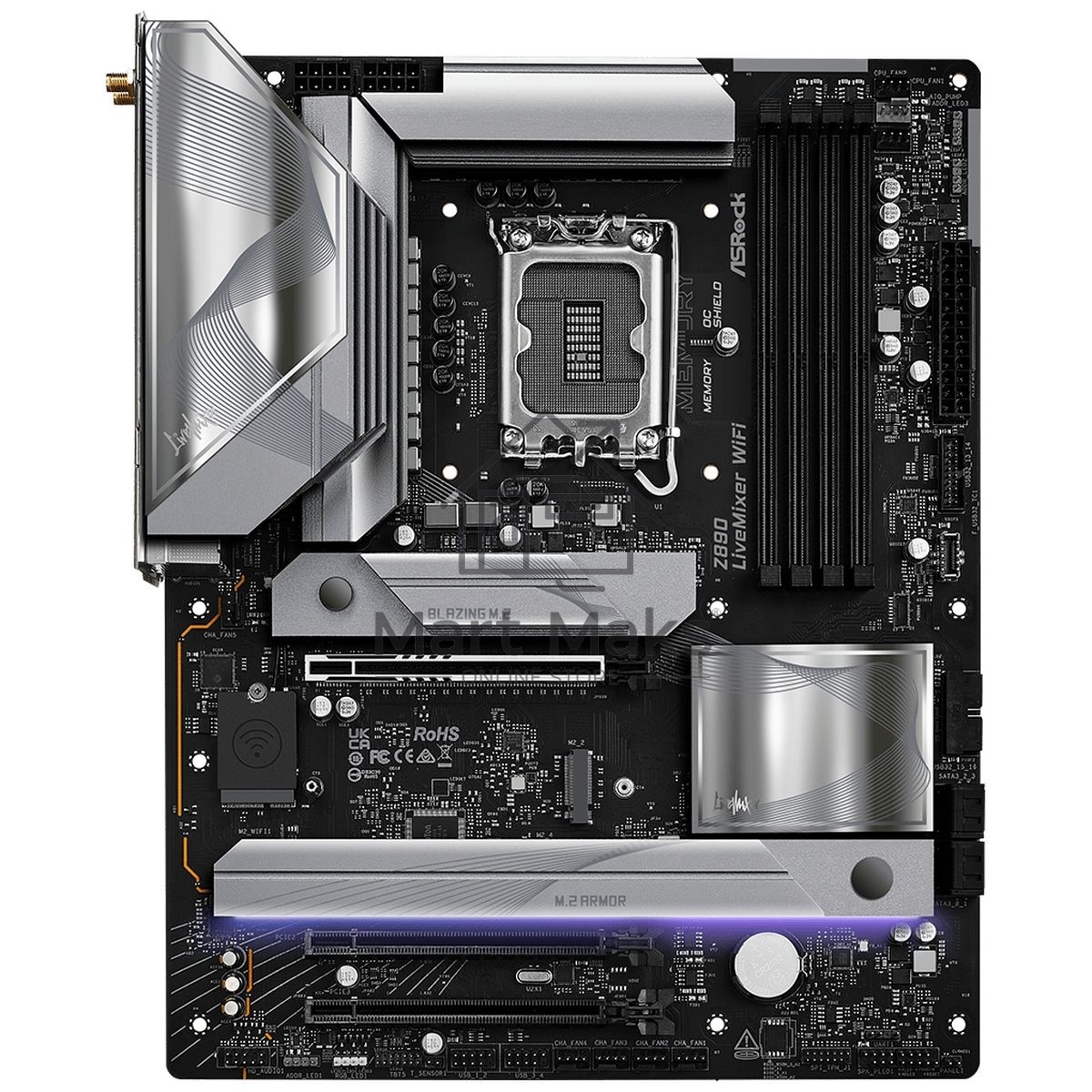 Материнская плата ASRock Z890 LiveMixer WiFi, LGA 1851, Intel Z890, 4xDDR5, 4xSATA, 4xM.2, 1xPCIe 5.0 x16, 2xPCIe 4.0 x16, 2xUSB-C Thunderbolt 4, 10xUSB-A 3.2 Gen 1, 2xUSB-A 3.2 Gen 2, 1xHDMI, 1x2.5Gb LAN, 5x3.5 мм, 7.1, ATX