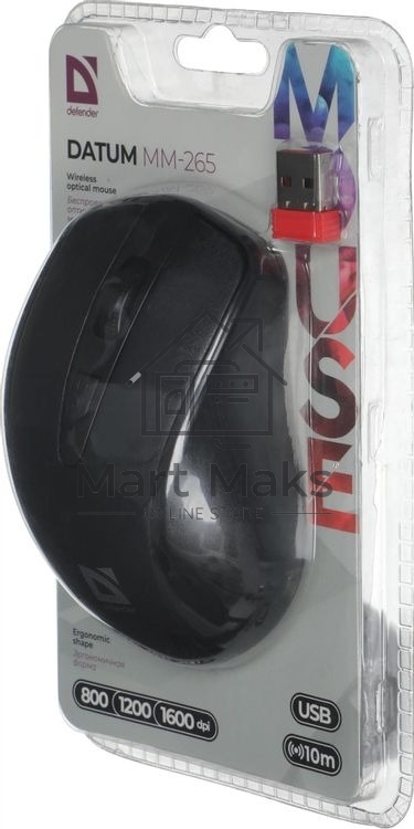 Мышь беспроводная Defender Datum MM-265 черный, 1600 dpi, радиоканал, USB, кнопки - 4