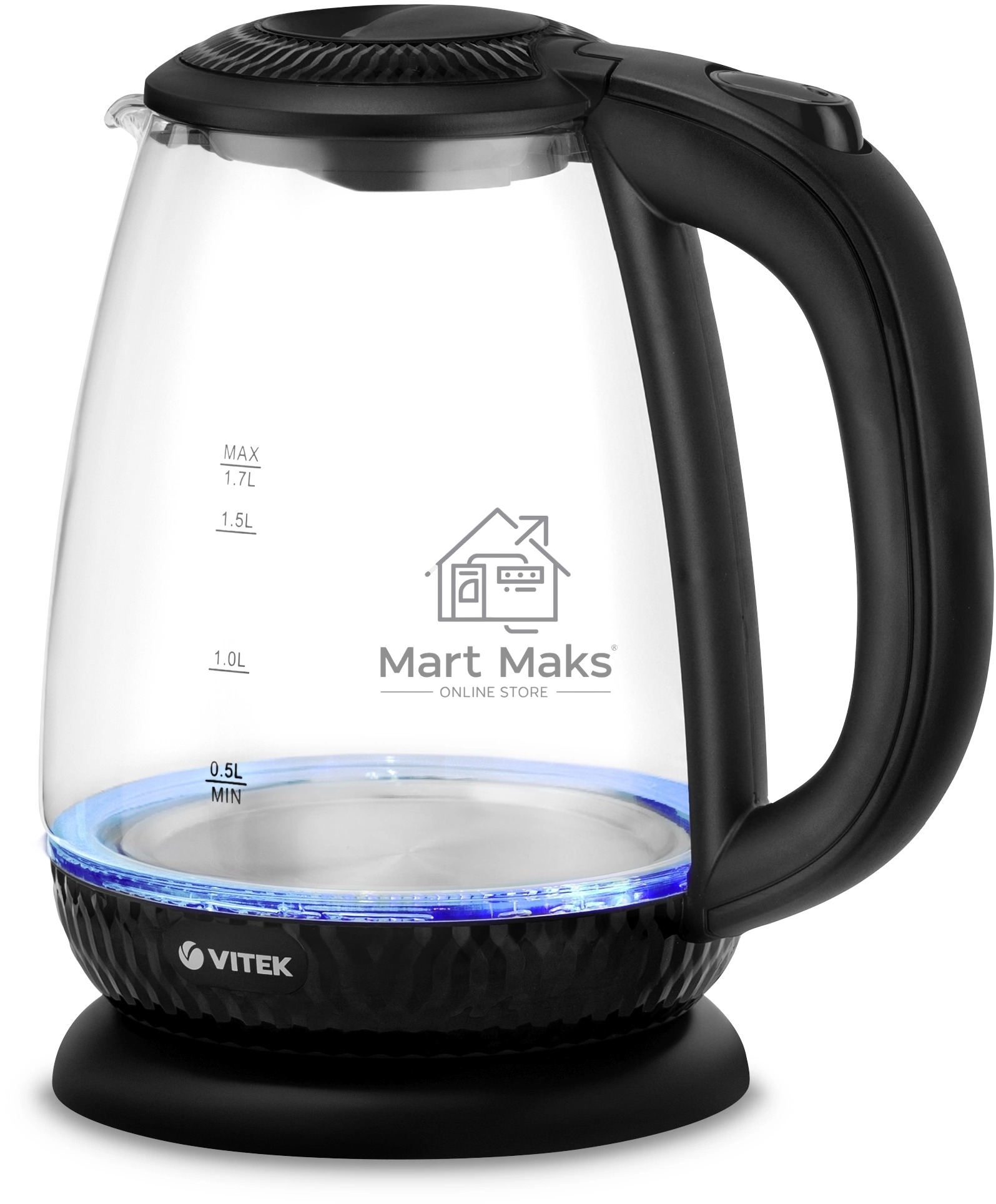 Чайник электрический Vitek VT-7074 1.7л. 2200Вт прозрачный/черный корпус: стекло/пластик