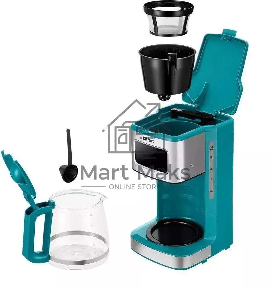 Кофеварка капельная Kitfort КТ-7251 бирюзовый/нержавеющая сталь, исп. кофе - молотый, 1,8 л, 1000 Вт