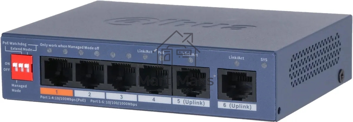 Коммутатор Dahua DH-CS4006-4ET2GT-60 4-портовый гигабитный PoE с функцией облачного управления, 4xRJ45 100Mb, 2xRJ45 1Gb uplink, суммарно 60Вт