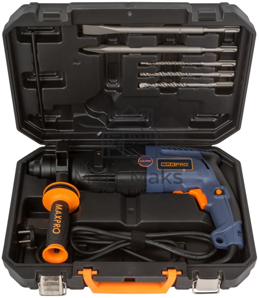 Перфоратор монтажный MAX-PRO MPRH620/24V 620 Вт, 0-1000 об/мин, 2,5 Дж, 3 режима, Д/Б/М-30/24/13, 2,8 кг, SDS-PLUS, антивибрационная ручка, резиновые вставки, рез