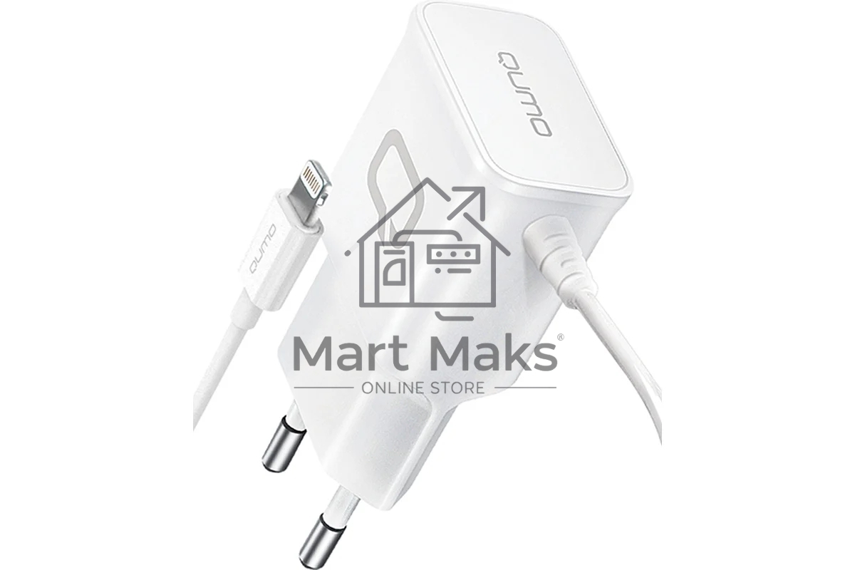 Сетевое зарядное устройство Qumo Energy (Charger 0026) 2.1A, встроенный кабель Lightning 8 Pin, белый