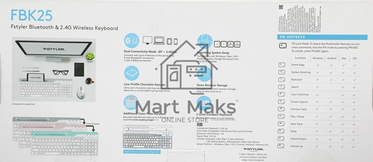 Клавиатура беспроводная A4Tech Fstyler FBK25, USB, Bluetooth/Радиоканал, белый/серый