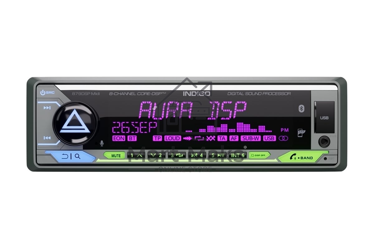 Автомагнитола AURA INDIGO-879DSP, 1 DIN, Bluetooth, USB Type-A, AUX, пульт ДУ