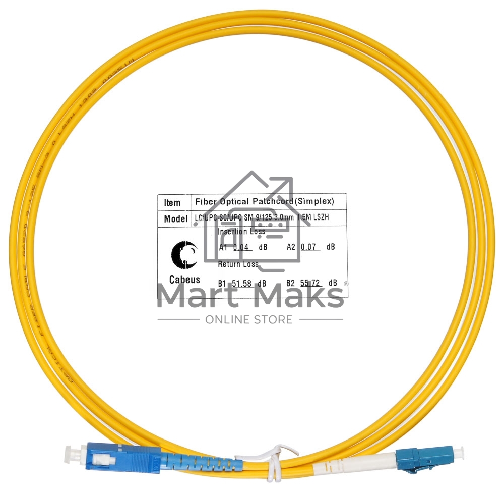 Патч-корд оптический Cabeus Tight Buffer, Simplex SC/LC, OS2 9/125, LSZH, 1,5м, Ø 3мм, синий хвостовик, жёлтый