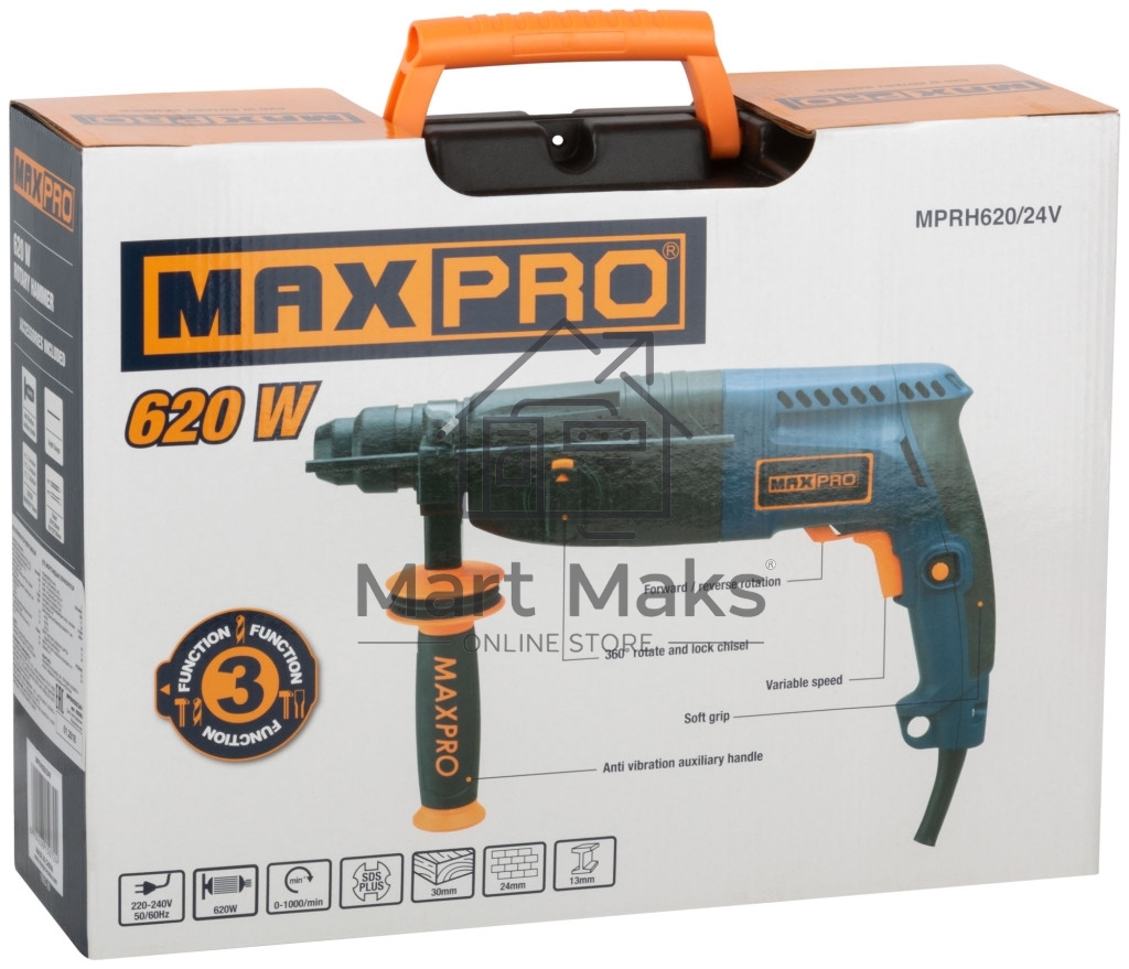 Перфоратор монтажный MAX-PRO MPRH620/24V 620 Вт, 0-1000 об/мин, 2,5 Дж, 3 режима, Д/Б/М-30/24/13, 2,8 кг, SDS-PLUS, антивибрационная ручка, резиновые вставки, рез