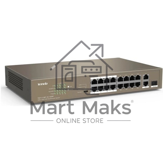 Коммутатор неуправляемый IP-COM F1118P-16-150W PoE, 18 портов, 18х100 Мбит/с, 2x1 Гбит/с, PoE 16х30 Вт (до 130Вт)