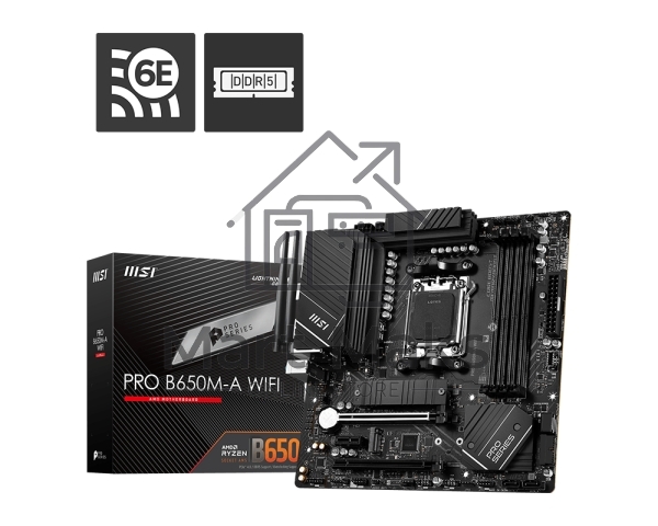 Материнская плата MSI PRO B650M-A WIFI, AM5, AMD B650, 4xDDR5, 4xSATA, 2xM.2, 1xPCI-E 4.0 x16, 1xPCI-E 4.0 x4, 1xDP, 1xHDMI, 1x2.5Gb LAN, 4xUSB 3.2 Gen 1, 4xUSB 3.2 Gen 2, 3x3.5 мм, 7.1, 802.11ax, 5.3, Micro-ATX