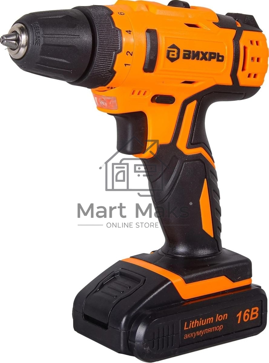 Дрель-шуруповерт аккумуляторная Вихрь ДА-16Л-2КА 72/14/49, Аккумуляторная, 16В, 2 АКБ, Кейс