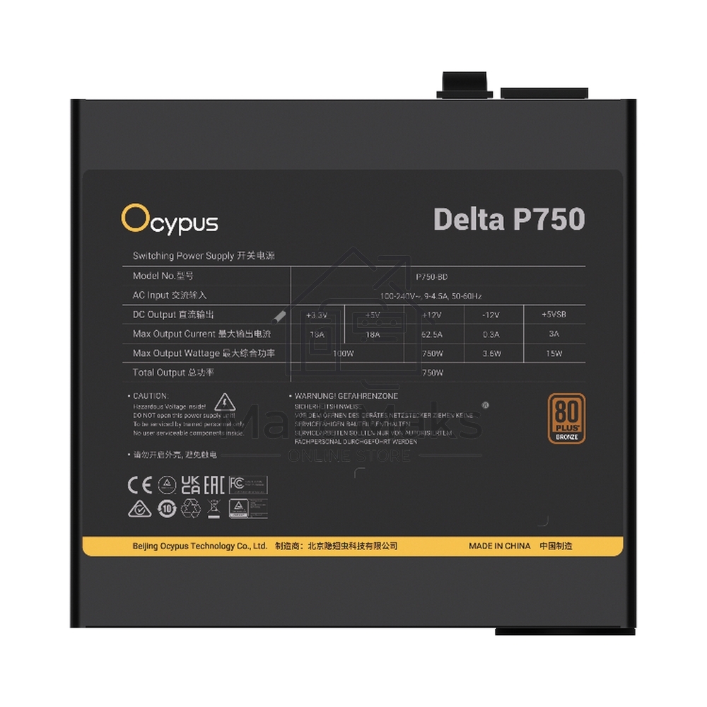 Блок питания 750W Ocypus Delta P750 (ATX, 80+ Bronze, APFC, 20+4 pin, 120mm fan, PCI-E 6+2Px3, 8xSATA) (Delta-P750-B1FDBK024X-EU)
