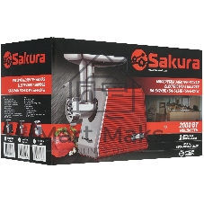 Мясорубка электрическая Sakura SA-6424R красный, 2000 Вт, 3.5 кг/мин, реверс, защита от перегрузки, металлический лоток, насадки - 4