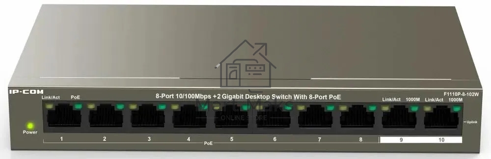 Коммутатор IP-COM F1110P-8-102W, 8×100 Мбит/с PoE + 2×1 Гбит/с, неуправляемый