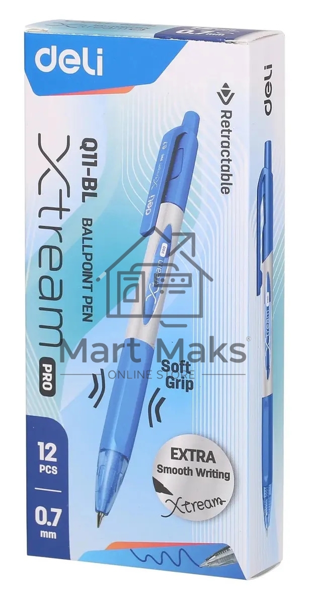 Ручка шариковая автоматическая Deli X-tream EQ11-BL синий мет./синий, d=0.7мм, синие чернила, резиновая манжета
