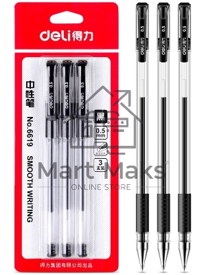 Набор ручек гелевых Deli 6619-BK прозрачный/черный, черные чернила, блистер (3шт), линия 0.5мм, резиновая манжета