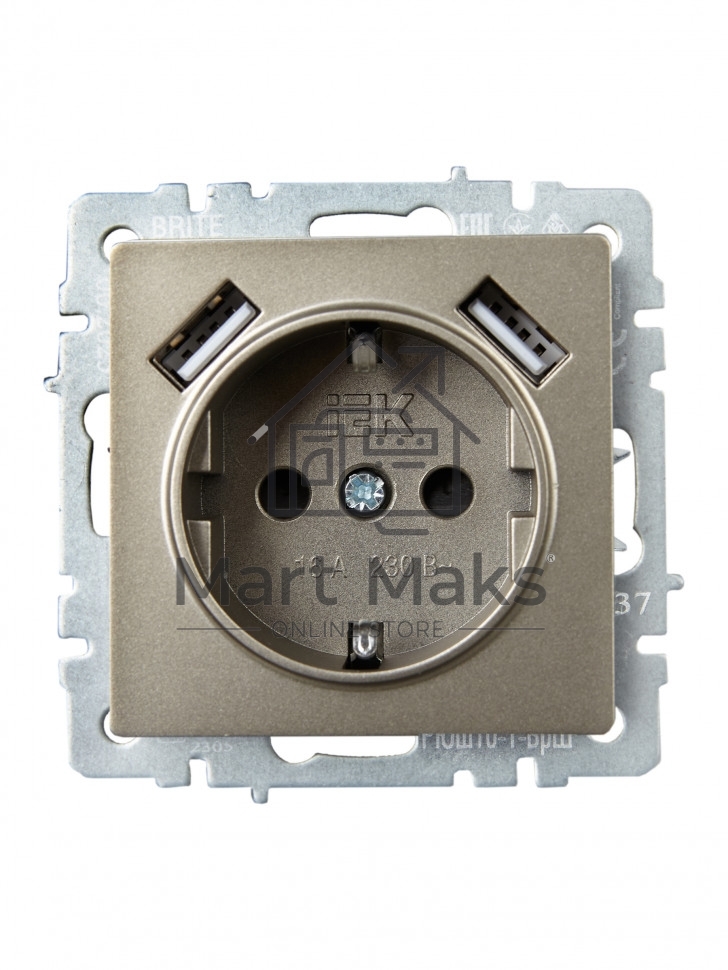Розетка 1-местная IEK BRITE РЮш10-1-БрШ (BR-R14-16-U21-D21-K37) 16А, с USB A+A 2.1А, с заземлением, с защитными шторками, шампань