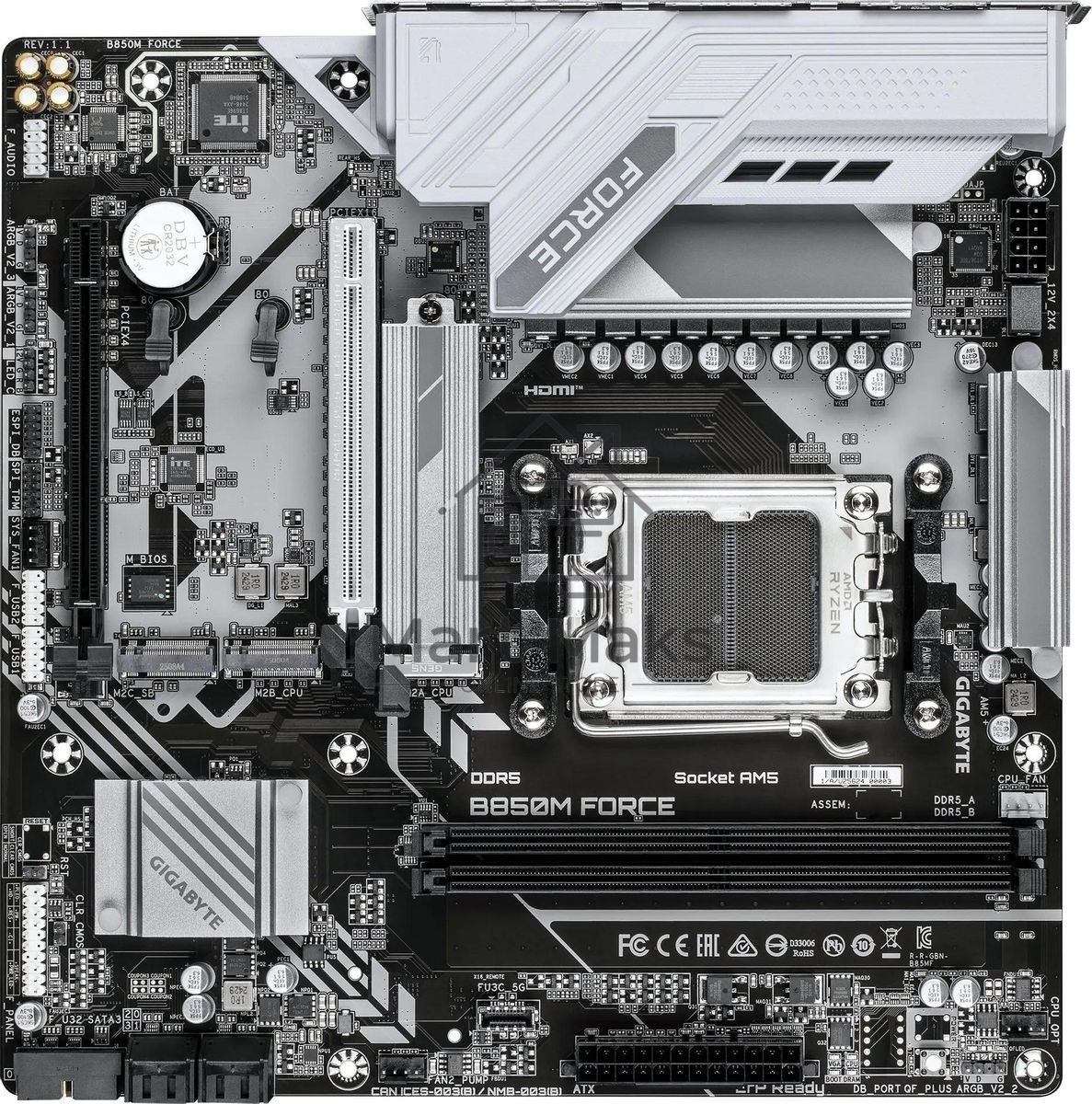 Материнская плата Gigabyte B850M FORCE, AM5, AMD B850, 2xDDR5, 4xSATA, 3xM.2, 1xPCIe 5.0 x16, 1xPCIe 4.0 x4, 1xHDMI, 1xDP, 1x2.5Gb LAN, 1xUSB-C 5Gbps, 1xUSB-A 10Gbps, 2xUSB-A 5Gbps, 2xUSB-A 2.0, 3x3.5 мм, 7.1, mATX